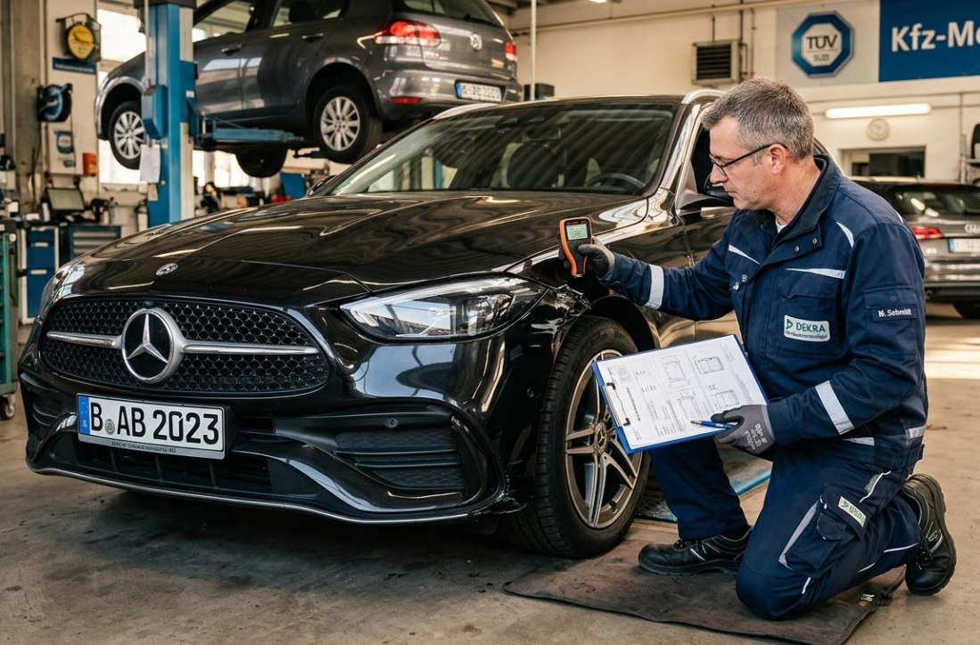 DEKRA KFZ-Gutachter bei der Fahrzeugbegutachtung